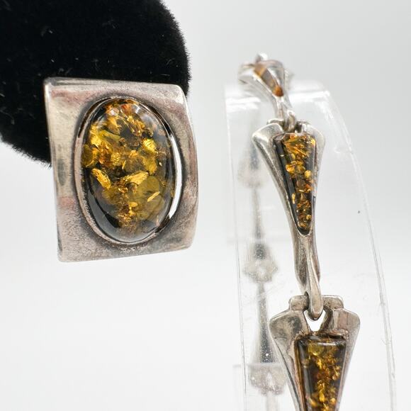 Vintage Baltic Amber Sterling Silver Semi Hoop Post Earrings and Bracelet Set - Picture 4 of 13